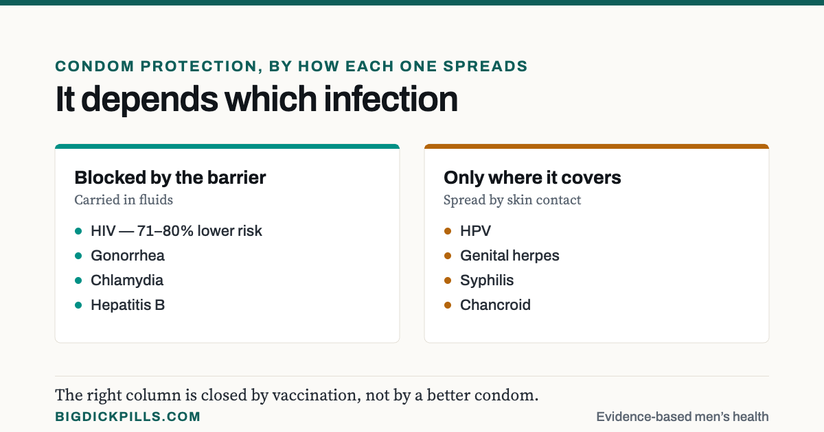 Condoms block infections carried in fluids but only protect the area they cover against those spread by skin contact.