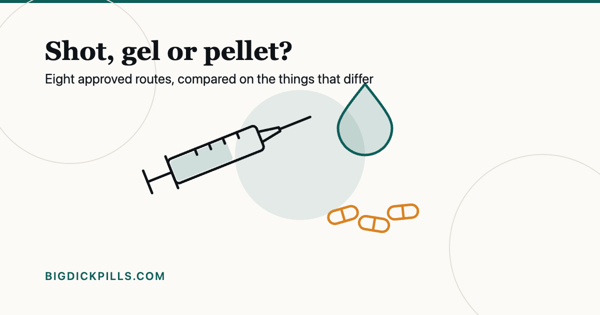 A line drawing of a syringe, a gel droplet and three implant pellets on a pale background
